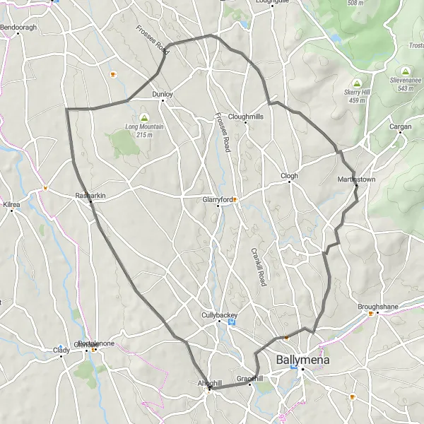 Map miniature of "Rasharkin Loop" cycling inspiration in Northern Ireland, United Kingdom. Generated by Tarmacs.app cycling route planner