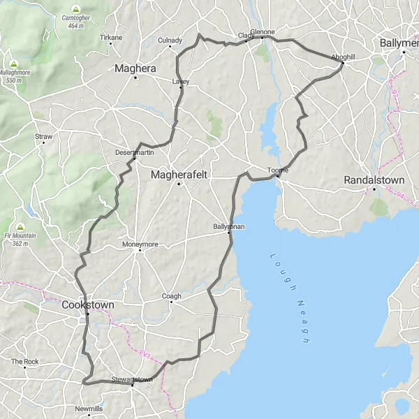 Map miniature of "Cookstown Clady Loop" cycling inspiration in Northern Ireland, United Kingdom. Generated by Tarmacs.app cycling route planner