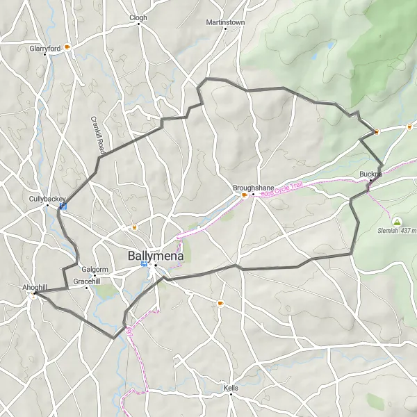 Map miniature of "Cullybackey Excursion" cycling inspiration in Northern Ireland, United Kingdom. Generated by Tarmacs.app cycling route planner