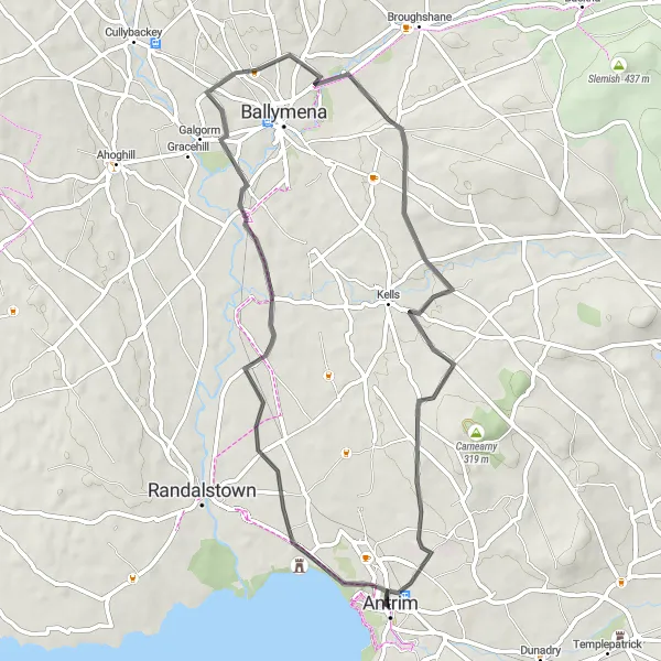 Map miniature of "Antrim Castle Loop" cycling inspiration in Northern Ireland, United Kingdom. Generated by Tarmacs.app cycling route planner