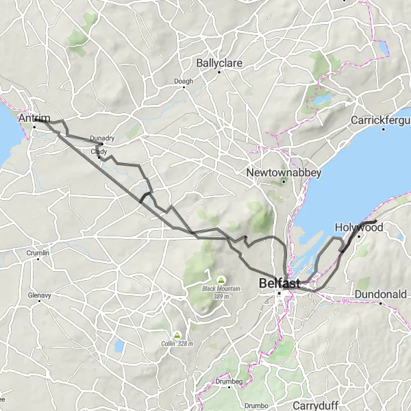 Map miniature of "Antrim to Belfast and Holywood Discoveries" cycling inspiration in Northern Ireland, United Kingdom. Generated by Tarmacs.app cycling route planner