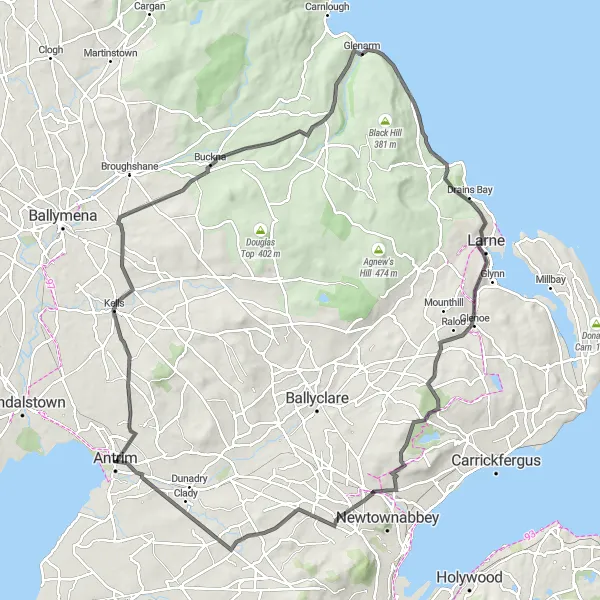 Map miniature of "Ballygally Beauty" cycling inspiration in Northern Ireland, United Kingdom. Generated by Tarmacs.app cycling route planner
