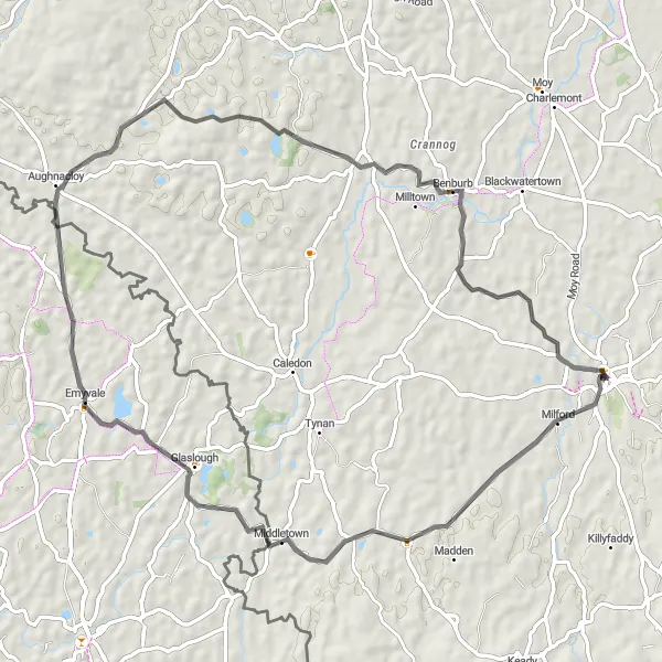 Map miniature of "Milford to Armagh" cycling inspiration in Northern Ireland, United Kingdom. Generated by Tarmacs.app cycling route planner