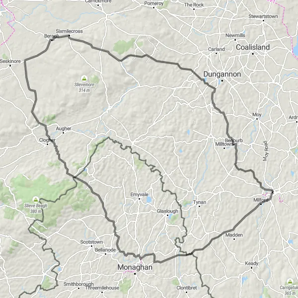 Map miniature of "Milford to Clogher" cycling inspiration in Northern Ireland, United Kingdom. Generated by Tarmacs.app cycling route planner