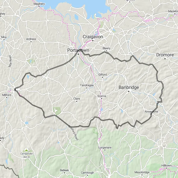 Map miniature of "Portadown and Poyntzpass Loop" cycling inspiration in Northern Ireland, United Kingdom. Generated by Tarmacs.app cycling route planner