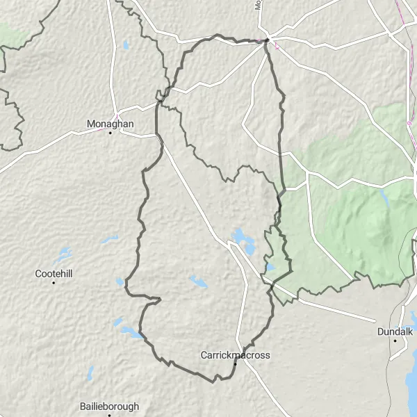 Map miniature of "Carrickmacross and Crossmaglen Loop" cycling inspiration in Northern Ireland, United Kingdom. Generated by Tarmacs.app cycling route planner