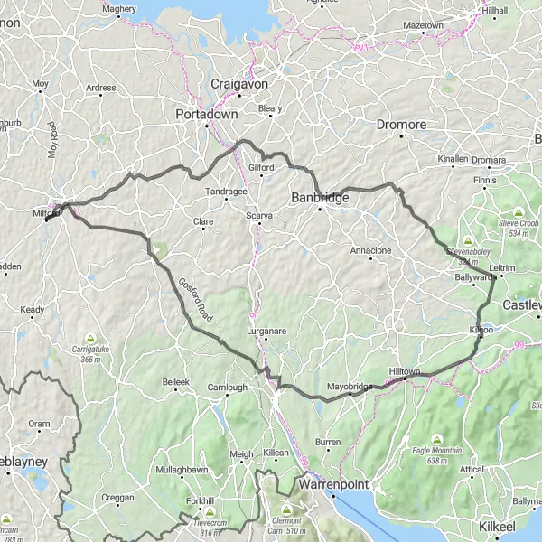 Map miniature of "Armagh Gaol to Dechomet" cycling inspiration in Northern Ireland, United Kingdom. Generated by Tarmacs.app cycling route planner