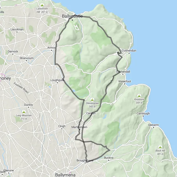 Map miniature of "The Coastal Loop" cycling inspiration in Northern Ireland, United Kingdom. Generated by Tarmacs.app cycling route planner