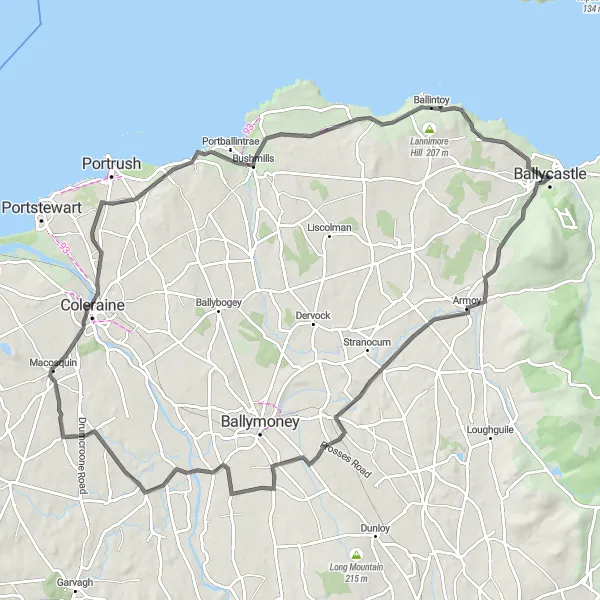 Map miniature of "The Giants Causeway Challenge" cycling inspiration in Northern Ireland, United Kingdom. Generated by Tarmacs.app cycling route planner