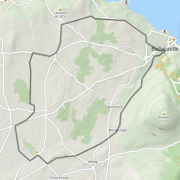 Map miniature of "The Dark Hedges Tour" cycling inspiration in Northern Ireland, United Kingdom. Generated by Tarmacs.app cycling route planner