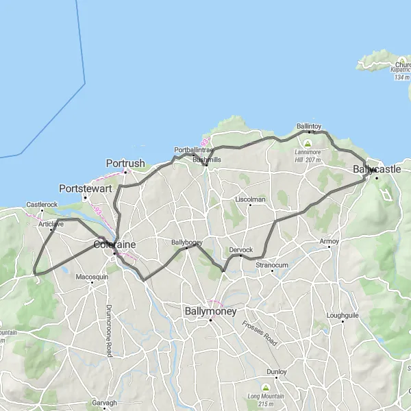 Map miniature of "Coastal Delights" cycling inspiration in Northern Ireland, United Kingdom. Generated by Tarmacs.app cycling route planner