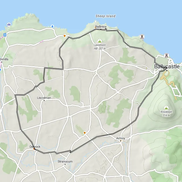 Map miniature of "The Ballycastle Loop" cycling inspiration in Northern Ireland, United Kingdom. Generated by Tarmacs.app cycling route planner