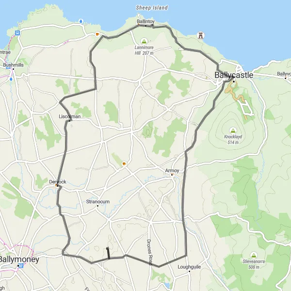 Map miniature of "The Castle Explorer" cycling inspiration in Northern Ireland, United Kingdom. Generated by Tarmacs.app cycling route planner