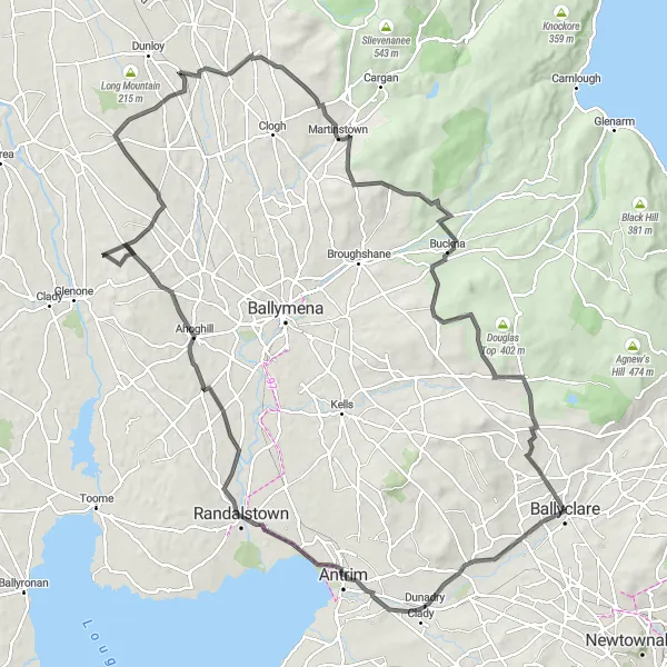Map miniature of "Cloughmills Circular" cycling inspiration in Northern Ireland, United Kingdom. Generated by Tarmacs.app cycling route planner