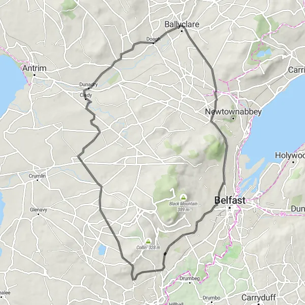 Map miniature of "Ballyclare to Doagh and Beyond" cycling inspiration in Northern Ireland, United Kingdom. Generated by Tarmacs.app cycling route planner