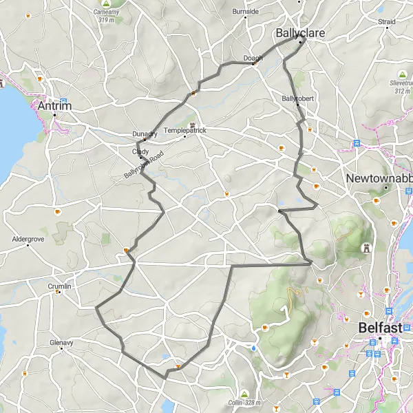 Map miniature of "Ballyclare to Doagh Loop" cycling inspiration in Northern Ireland, United Kingdom. Generated by Tarmacs.app cycling route planner