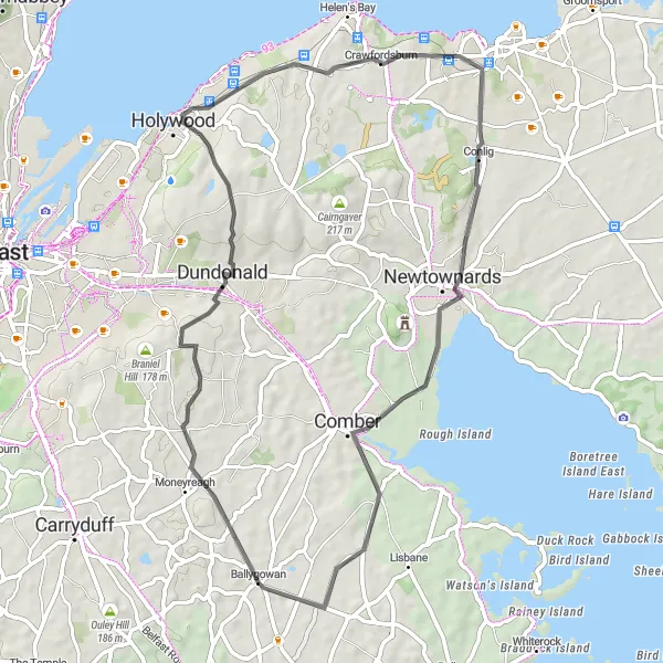 Map miniature of "Ballygowan Circular" cycling inspiration in Northern Ireland, United Kingdom. Generated by Tarmacs.app cycling route planner