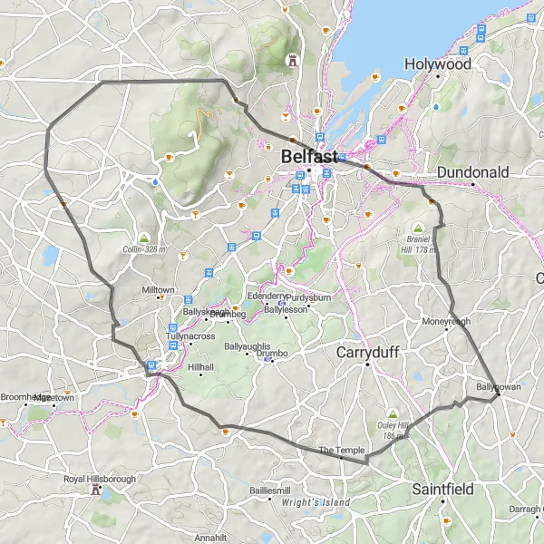 Map miniature of "The Temple to Belfast Barge Loop" cycling inspiration in Northern Ireland, United Kingdom. Generated by Tarmacs.app cycling route planner