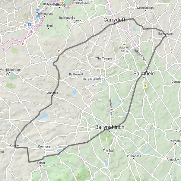 Map miniature of "Saintfield to Carryduff Loop" cycling inspiration in Northern Ireland, United Kingdom. Generated by Tarmacs.app cycling route planner