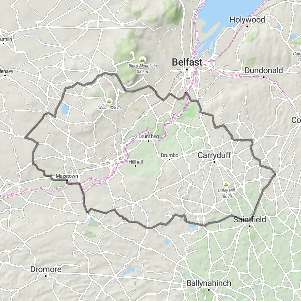 Map miniature of "Saintfield to Balmoral Loop" cycling inspiration in Northern Ireland, United Kingdom. Generated by Tarmacs.app cycling route planner