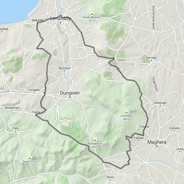 Map miniature of "Hillside Adventure" cycling inspiration in Northern Ireland, United Kingdom. Generated by Tarmacs.app cycling route planner