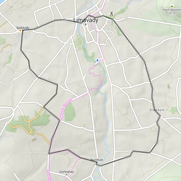 Map miniature of "Ballykelly Loop" cycling inspiration in Northern Ireland, United Kingdom. Generated by Tarmacs.app cycling route planner