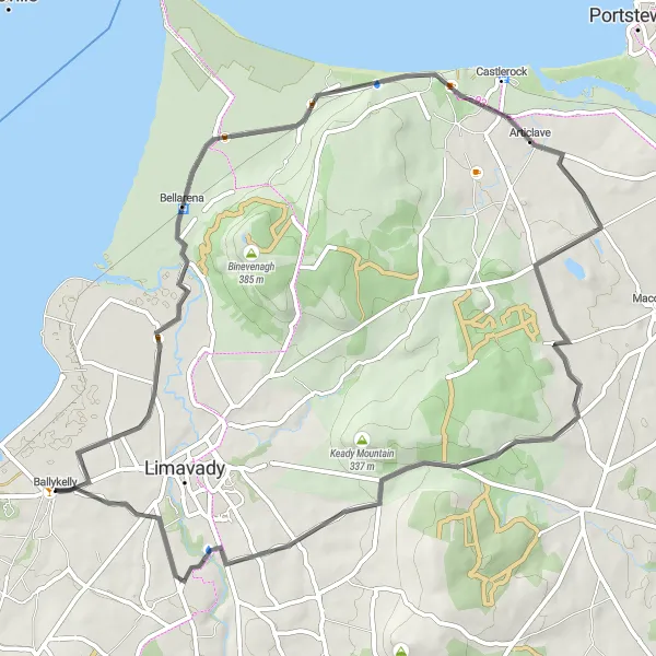 Map miniature of "Ballykelly and Beyond" cycling inspiration in Northern Ireland, United Kingdom. Generated by Tarmacs.app cycling route planner