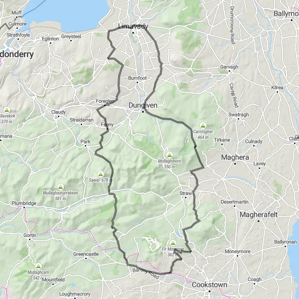 Map miniature of "Ballykelly Escape" cycling inspiration in Northern Ireland, United Kingdom. Generated by Tarmacs.app cycling route planner