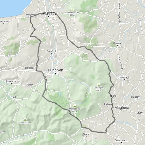 Map miniature of "Drumsurn Delight" cycling inspiration in Northern Ireland, United Kingdom. Generated by Tarmacs.app cycling route planner