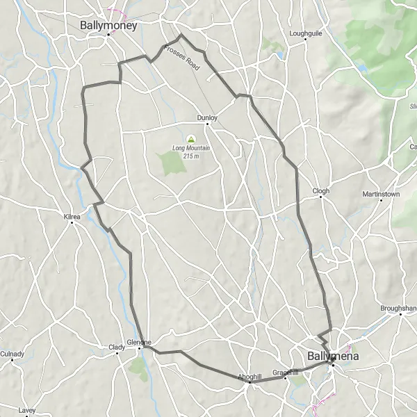 Map miniature of "The Ahoghill and Cloughmills Loop" cycling inspiration in Northern Ireland, United Kingdom. Generated by Tarmacs.app cycling route planner