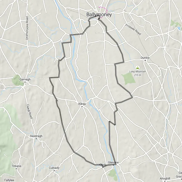 Map miniature of "Countryside Loop: Ballymoney Exploration" cycling inspiration in Northern Ireland, United Kingdom. Generated by Tarmacs.app cycling route planner