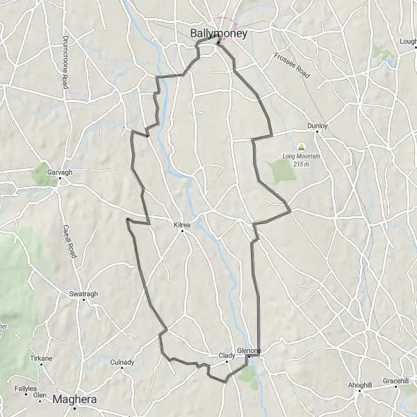 Map miniature of "Rural Ride from Ballymoney" cycling inspiration in Northern Ireland, United Kingdom. Generated by Tarmacs.app cycling route planner