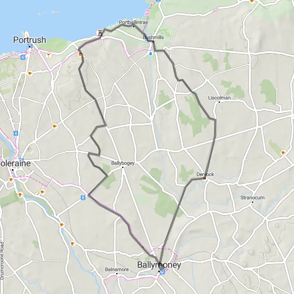 Map miniature of "The Coastal Loop" cycling inspiration in Northern Ireland, United Kingdom. Generated by Tarmacs.app cycling route planner