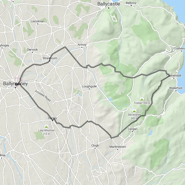 Map miniature of "Scenic Tour: Exploring Ballymoney and Beyond" cycling inspiration in Northern Ireland, United Kingdom. Generated by Tarmacs.app cycling route planner