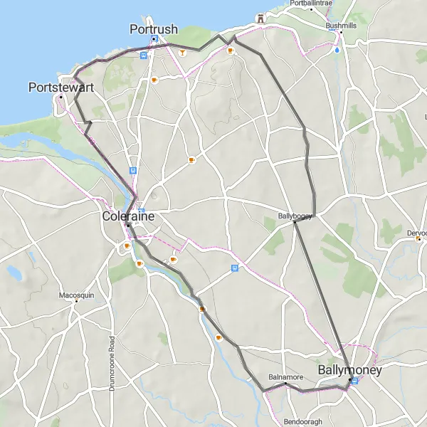 Map miniature of "The Coastal Cliffs Route" cycling inspiration in Northern Ireland, United Kingdom. Generated by Tarmacs.app cycling route planner