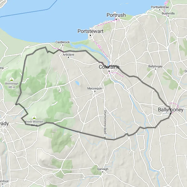 Map miniature of "Coastal Ride from Ballymoney" cycling inspiration in Northern Ireland, United Kingdom. Generated by Tarmacs.app cycling route planner