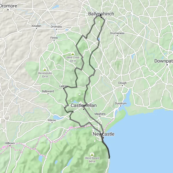 Map miniature of "The Mourne Mountains Circuit" cycling inspiration in Northern Ireland, United Kingdom. Generated by Tarmacs.app cycling route planner