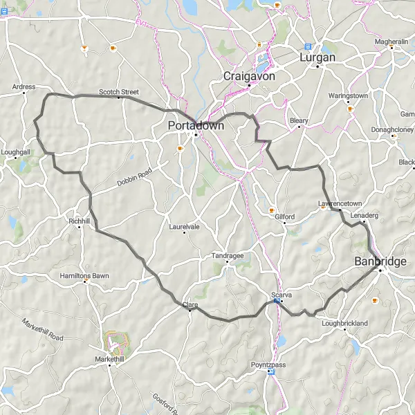 Map miniature of "Banbridge, Scarva, Scotch Street, Portadown, Lawrencetown Route" cycling inspiration in Northern Ireland, United Kingdom. Generated by Tarmacs.app cycling route planner