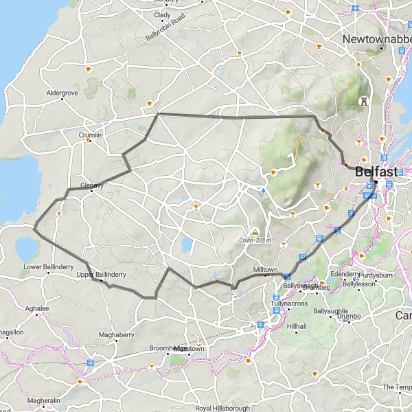 Map miniature of "Belfast to Glenavy and Ligoniel" cycling inspiration in Northern Ireland, United Kingdom. Generated by Tarmacs.app cycling route planner