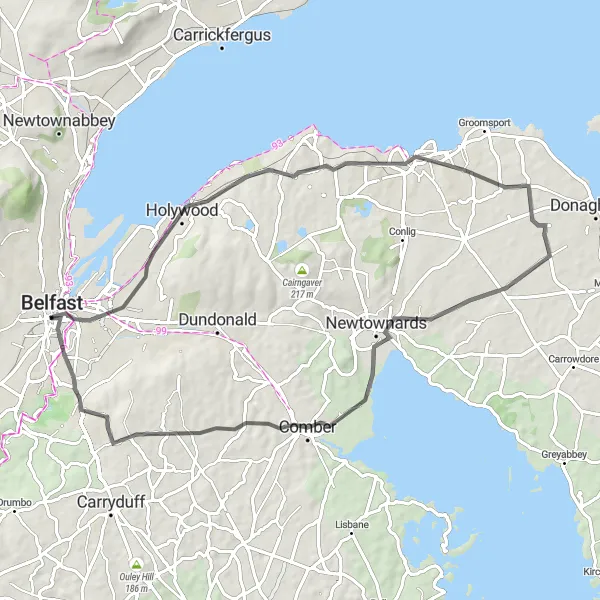 Map miniature of "Scenic Coastal Route to Belfast" cycling inspiration in Northern Ireland, United Kingdom. Generated by Tarmacs.app cycling route planner