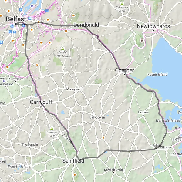 Map miniature of "Unique Coastal Road Adventure" cycling inspiration in Northern Ireland, United Kingdom. Generated by Tarmacs.app cycling route planner