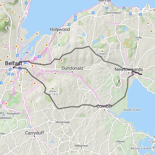 Map miniature of "Exploring Belfast's Surroundings" cycling inspiration in Northern Ireland, United Kingdom. Generated by Tarmacs.app cycling route planner