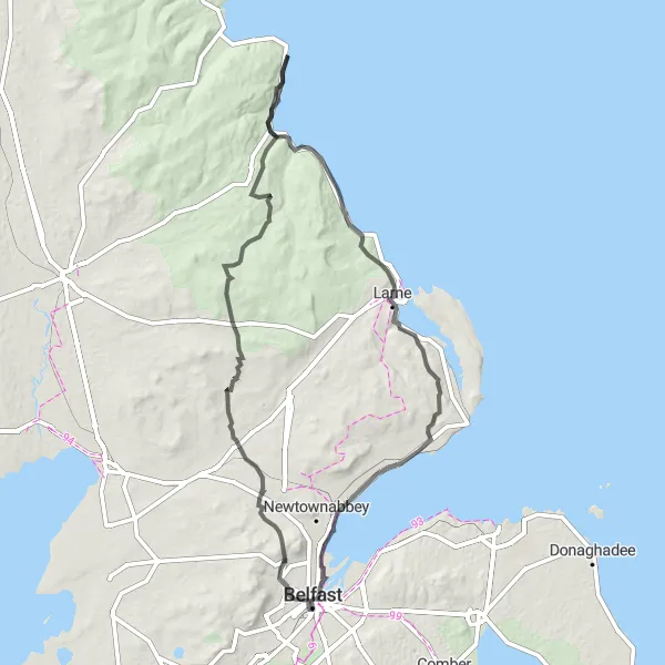 Map miniature of "Belfast to Doagh and Ballygally Castle" cycling inspiration in Northern Ireland, United Kingdom. Generated by Tarmacs.app cycling route planner