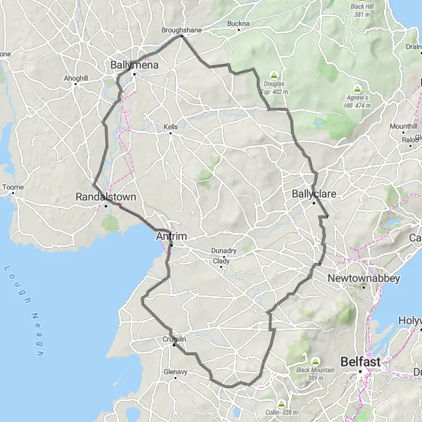 Map miniature of "Scenic Loop from Broughshane" cycling inspiration in Northern Ireland, United Kingdom. Generated by Tarmacs.app cycling route planner