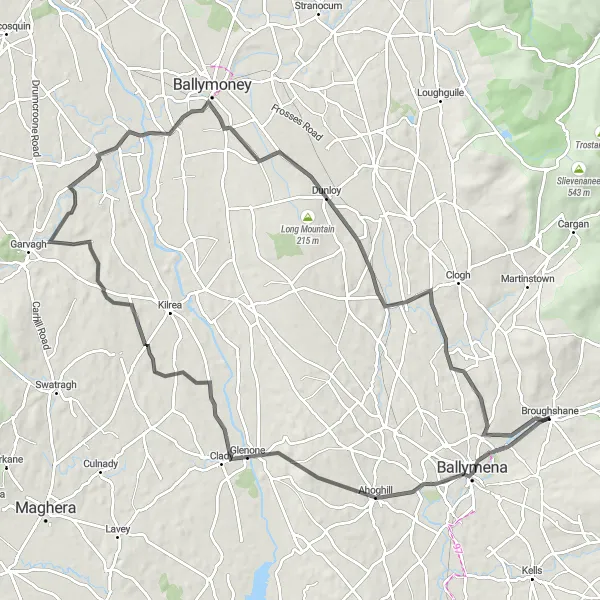 Map miniature of "Broughshane to Glarryford" cycling inspiration in Northern Ireland, United Kingdom. Generated by Tarmacs.app cycling route planner