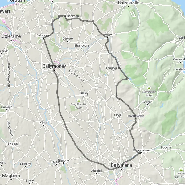Map miniature of "Broughshane and Beyond" cycling inspiration in Northern Ireland, United Kingdom. Generated by Tarmacs.app cycling route planner