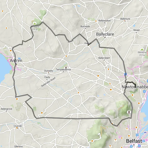 Map miniature of "Castle Tour of Antrim" cycling inspiration in Northern Ireland, United Kingdom. Generated by Tarmacs.app cycling route planner