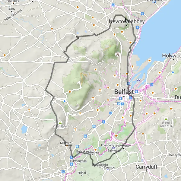 Map miniature of "Belfast Loop" cycling inspiration in Northern Ireland, United Kingdom. Generated by Tarmacs.app cycling route planner