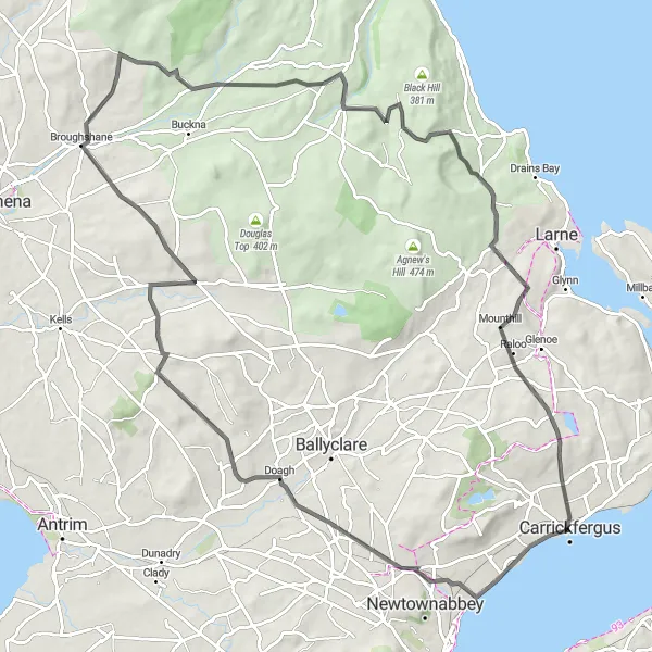 Map miniature of "Mountainous Adventure: Ballyrobert to Millbrook" cycling inspiration in Northern Ireland, United Kingdom. Generated by Tarmacs.app cycling route planner