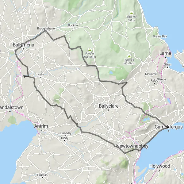 Map miniature of "Carnmoney Hill and Ballymena Loop" cycling inspiration in Northern Ireland, United Kingdom. Generated by Tarmacs.app cycling route planner